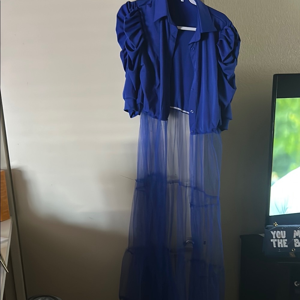 Blue Sheer Maxi Dress with Puff Sleeves